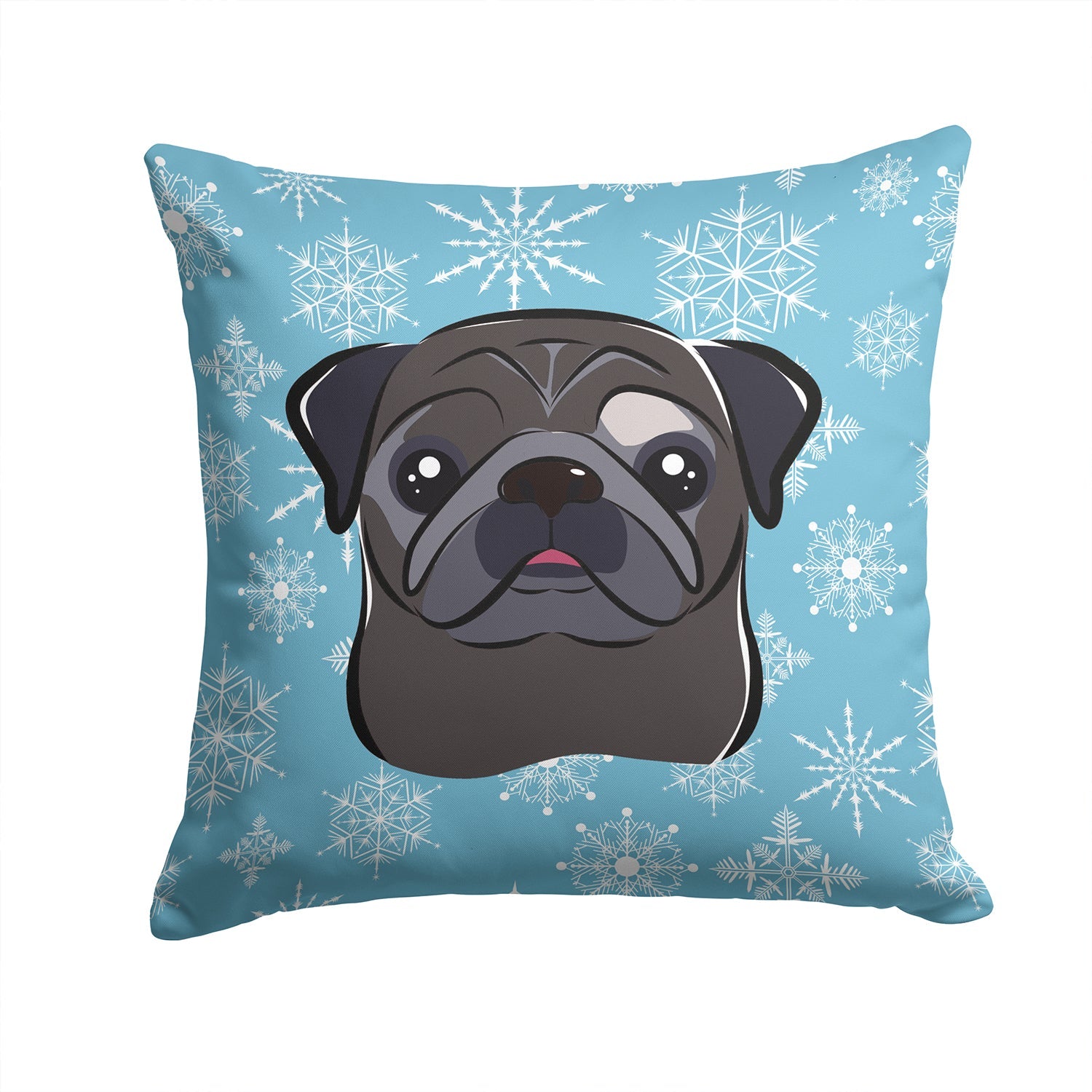 Snowflake Black Pug Decorative Throw Pillow 14x14 Indoor Outdoor Accent Cushion, Fabric Cover with Insert for Sofa, Bed, Porch & Living Room