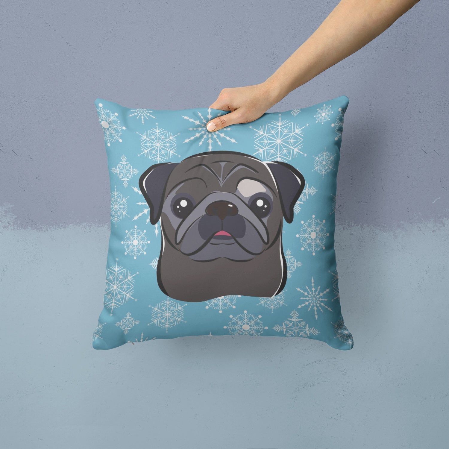 Snowflake Black Pug Decorative Throw Pillow 14x14 Indoor Outdoor Accent Cushion, Fabric Cover with Insert for Sofa, Bed, Porch & Living Room