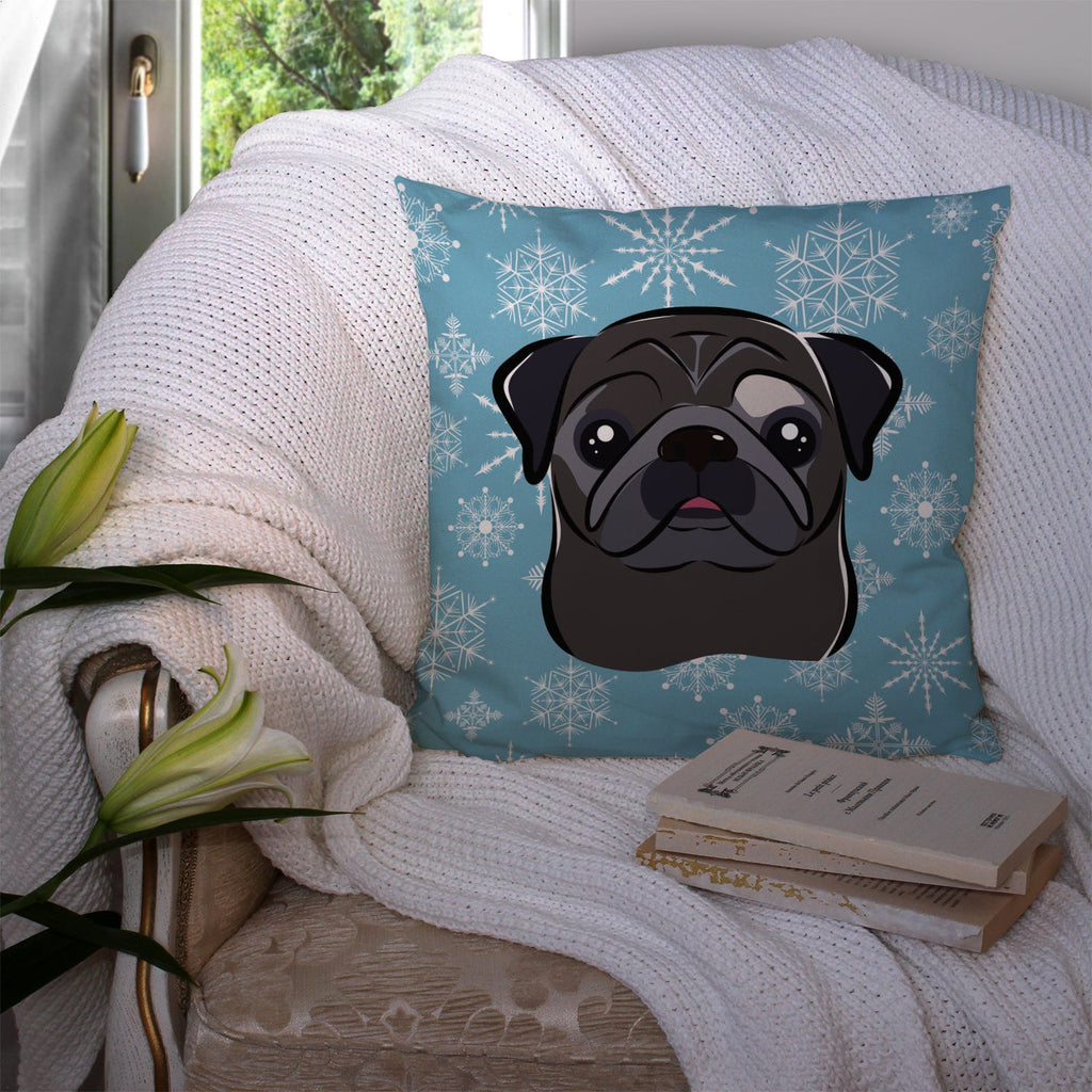 Snowflake Black Pug Decorative Throw Pillow 14x14 Indoor Outdoor Accent Cushion, Fabric Cover with Insert for Sofa, Bed, Porch & Living Room