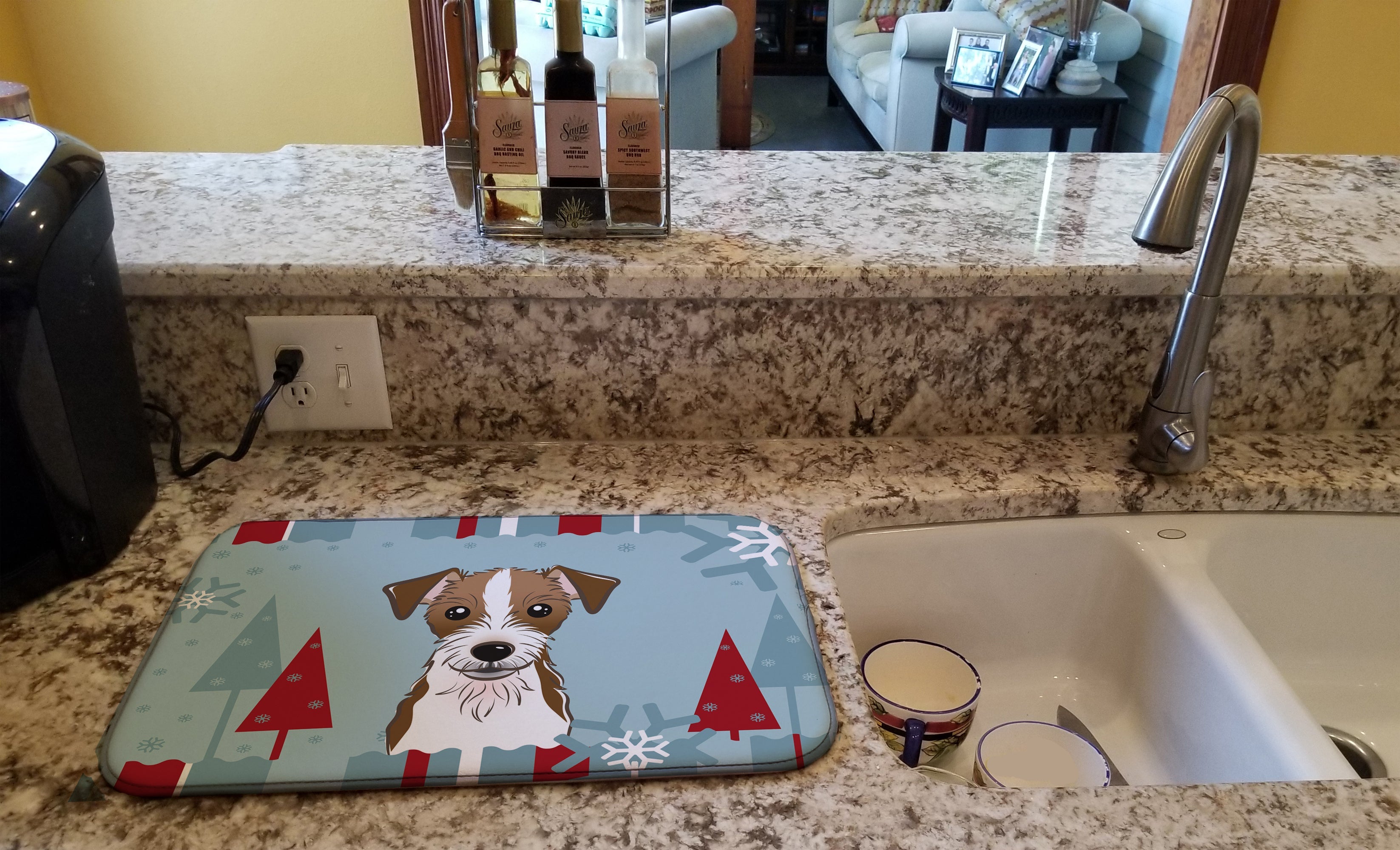Winter Holiday Jack Russell Terrier Dish Drying Mat Absorbent Dish Drying Mat Pad for Kitchen Counter Dish Drainer Mat for Countertop, 14 x 21", Multicolor