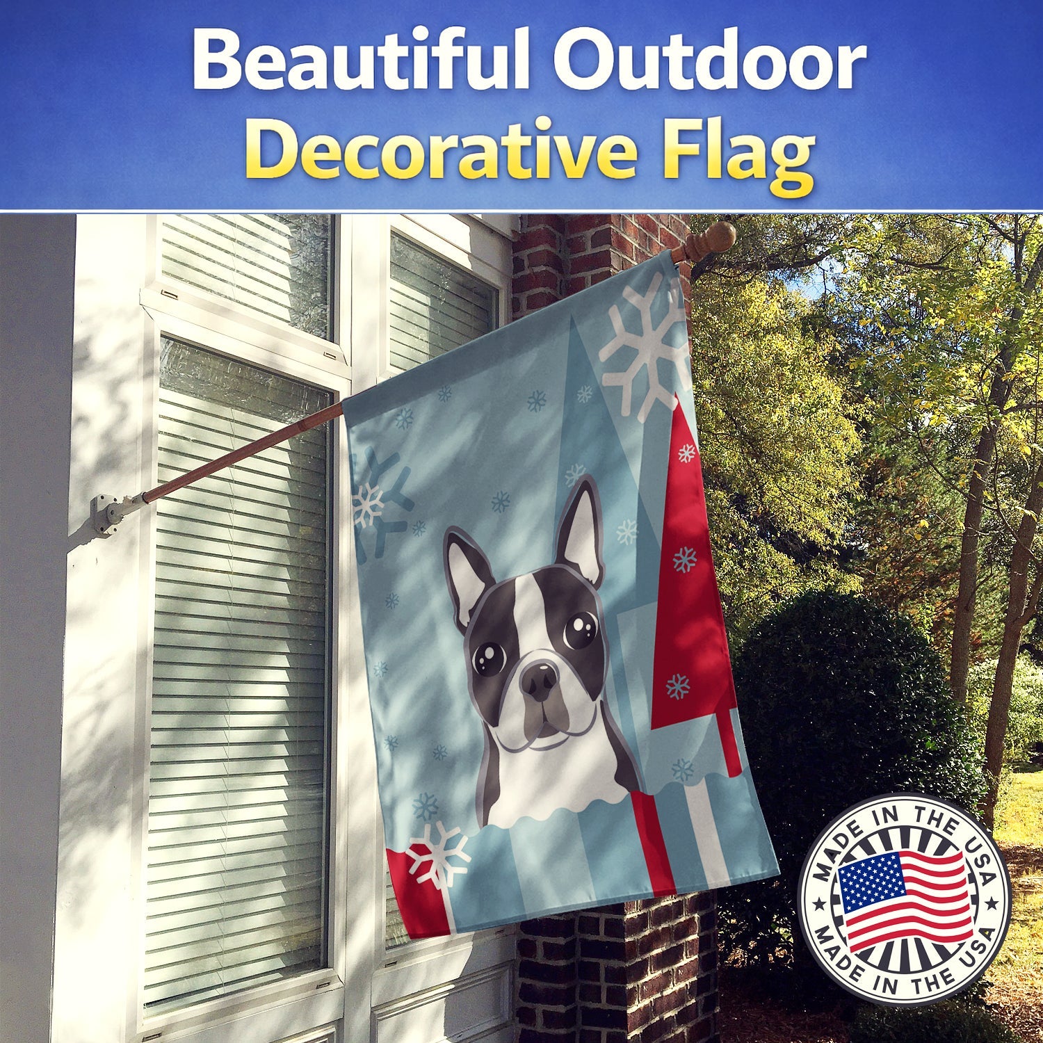 Winter Holiday Boston Terrier House Flag 28x40 Porch Sleeve Pole Decorative Outside Yard Banner Artwork Wall Hanging, Polyester