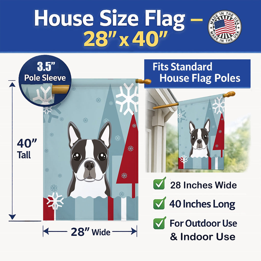 Winter Holiday Boston Terrier House Flag 28x40 Porch Sleeve Pole Decorative Outside Yard Banner Artwork Wall Hanging, Polyester