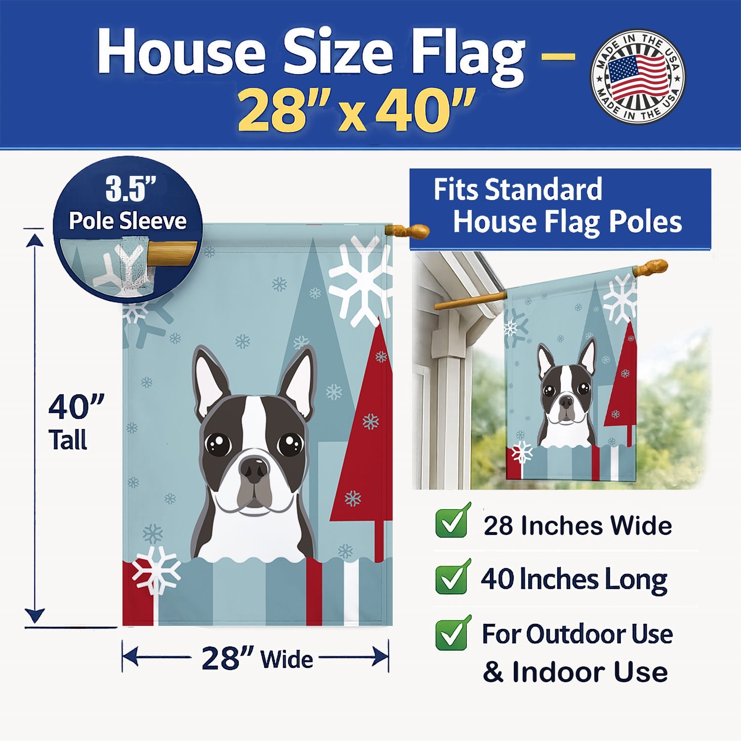 Winter Holiday Boston Terrier House Flag 28x40 Porch Sleeve Pole Decorative Outside Yard Banner Artwork Wall Hanging, Polyester