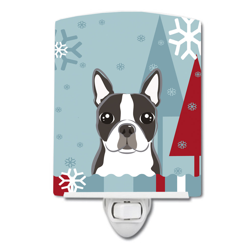 Winter Holiday Boston Terrier Ceramic Night Light Compact, UL-Certified, Ideal for Bedroom, Bathroom, Nursery, Hallway, Kitchen, 6x4x3, Multicolor