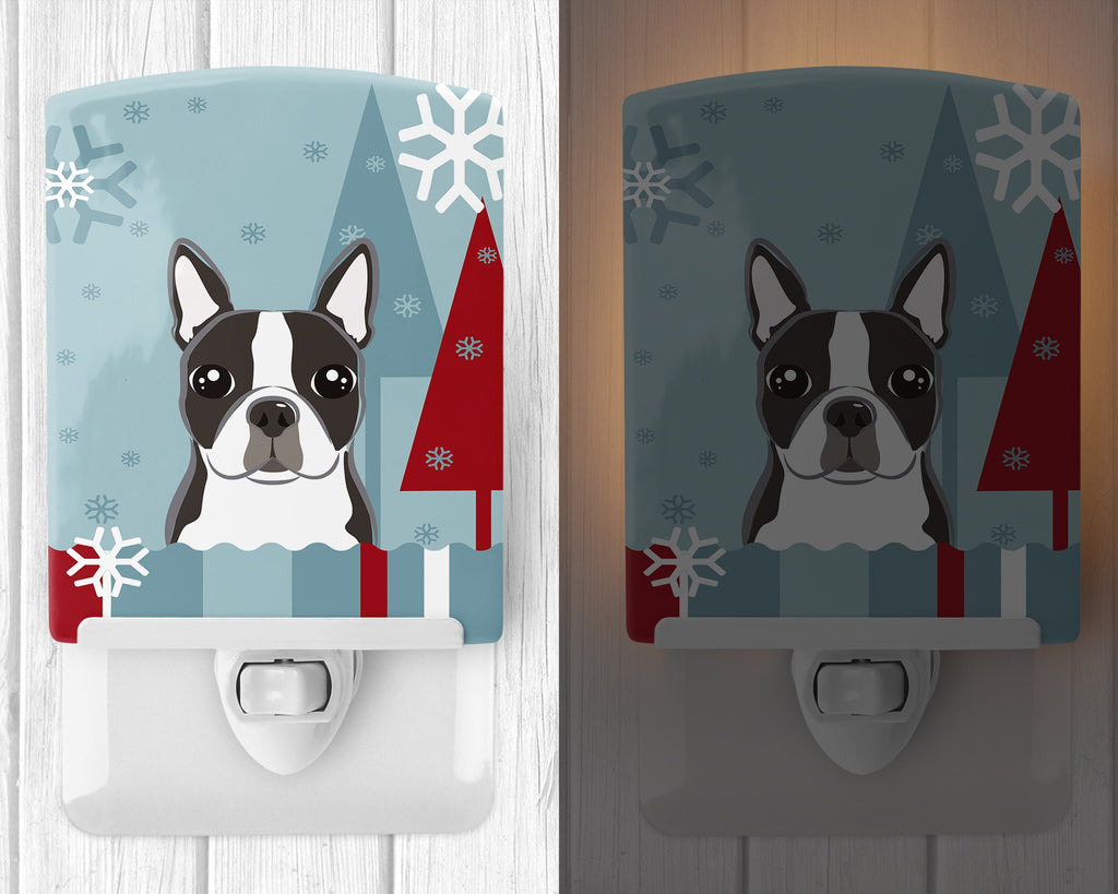 Winter Holiday Boston Terrier Ceramic Night Light Compact, UL-Certified, Ideal for Bedroom, Bathroom, Nursery, Hallway, Kitchen, 6x4x3, Multicolor