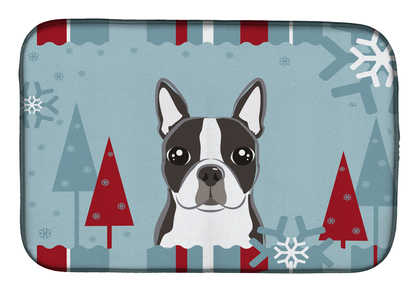Winter Holiday Boston Terrier Dish Drying Mat Absorbent Dish Drying Mat Pad for Kitchen Counter Dish Drainer Mat for Countertop, 14 x 21", Multicolor
