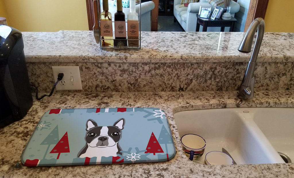 Winter Holiday Boston Terrier Dish Drying Mat Absorbent Dish Drying Mat Pad for Kitchen Counter Dish Drainer Mat for Countertop, 14 x 21", Multicolor