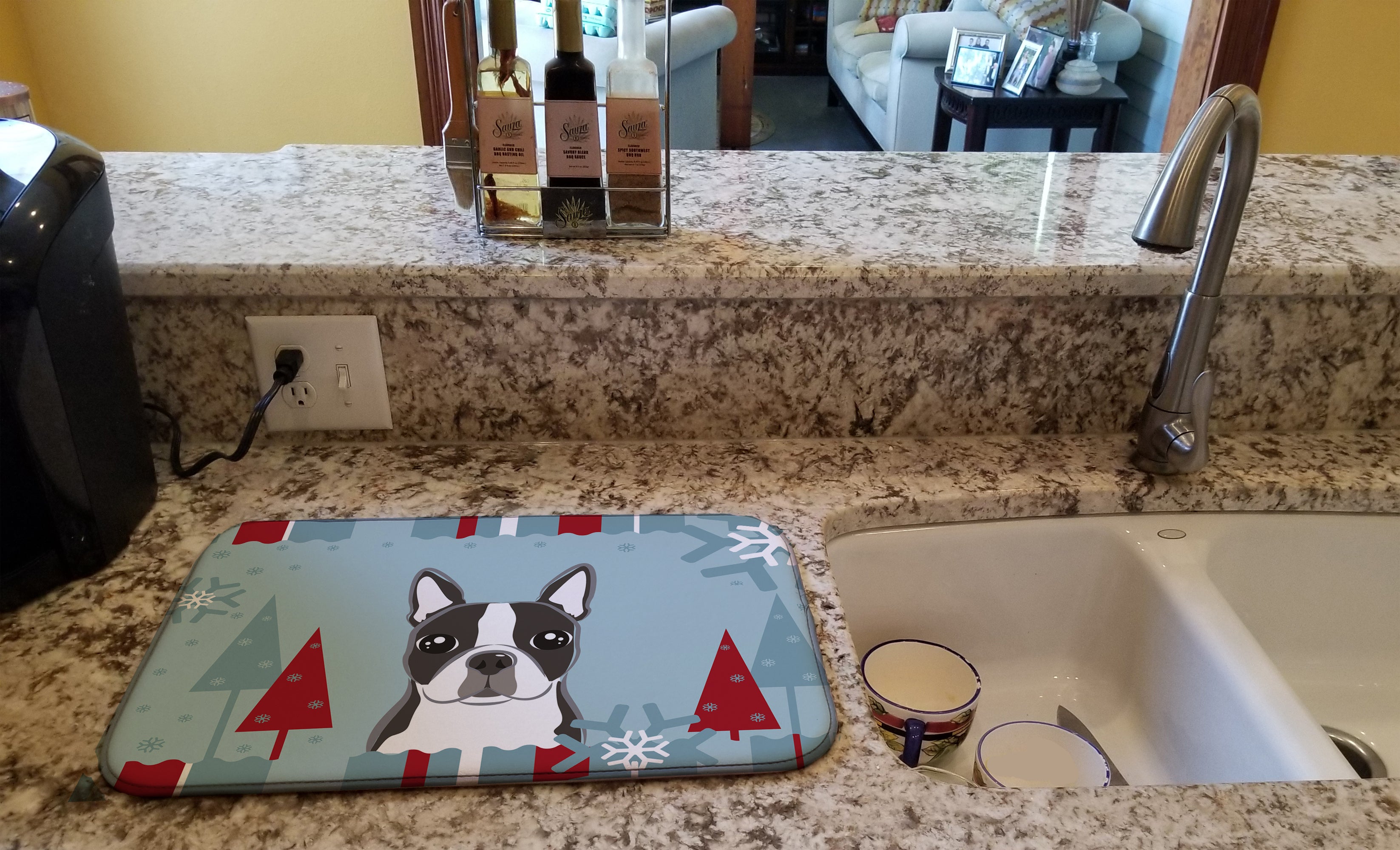 Winter Holiday Boston Terrier Dish Drying Mat Absorbent Dish Drying Mat Pad for Kitchen Counter Dish Drainer Mat for Countertop, 14 x 21", Multicolor