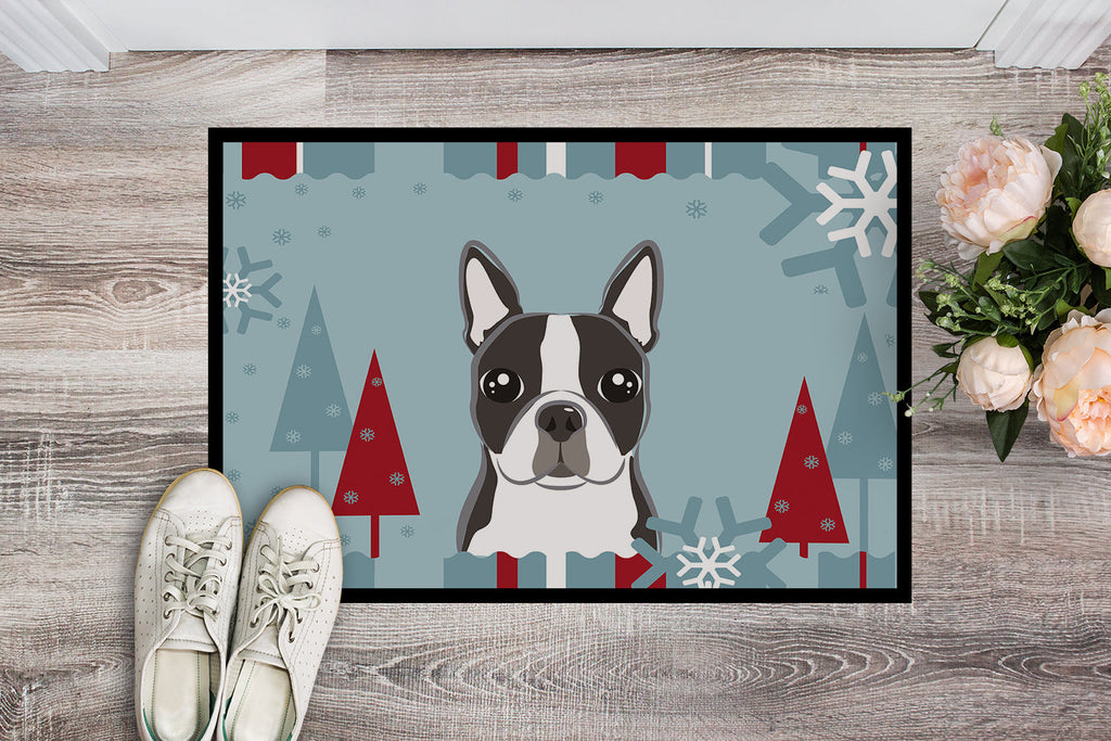 Winter Holiday Boston Terrier Doormat Indoor Outdoor 24H X 36W Front Door Mat Rugs for Entryway, Non Slip Washable Low Pile,