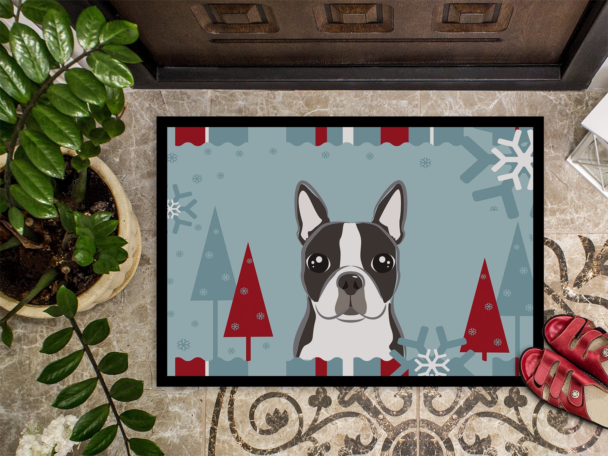 Winter Holiday Boston Terrier Doormat Indoor Outdoor 24H X 36W Front Door Mat Rugs for Entryway, Non Slip Washable Low Pile,