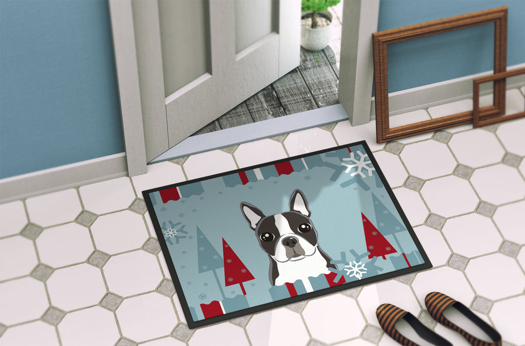 Winter Holiday Boston Terrier Doormat Indoor Outdoor 24H X 36W Front Door Mat Rugs for Entryway, Non Slip Washable Low Pile,