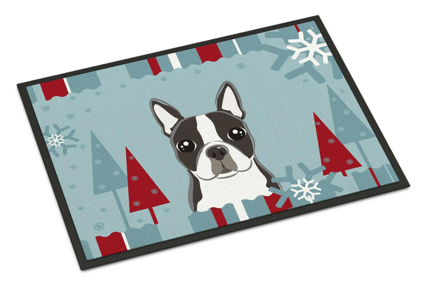 Winter Holiday Boston Terrier Doormat Indoor Outdoor 18H X 27W Front Door Mat Rugs for Entryway, Non Slip Washable