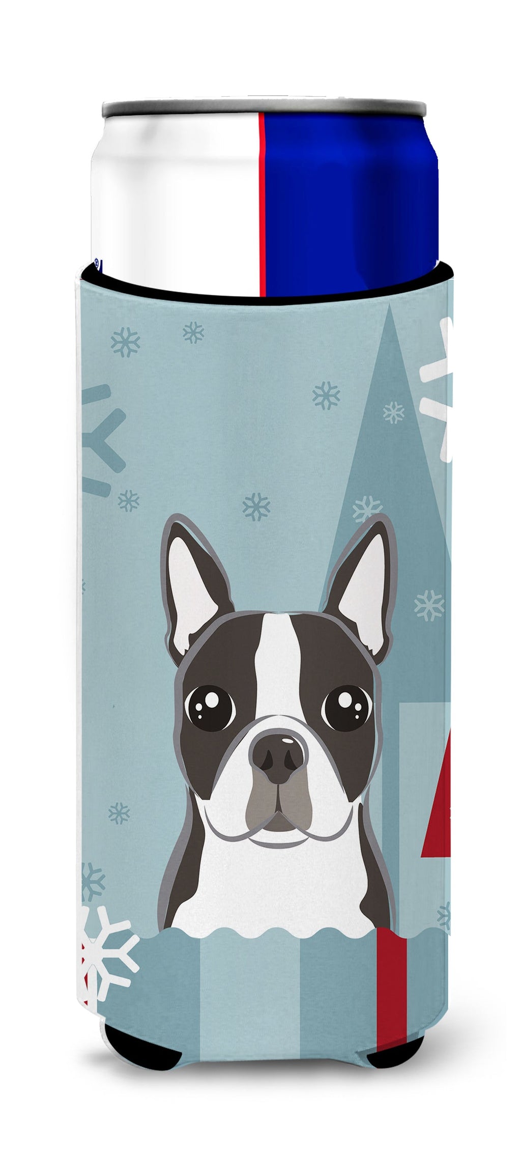 Winter Holiday Boston Terrier Slim Can Hugger , Insulated Foam Hugger for 12 oz Slim Cans, Beer Bottles & Water Bottles, Printed in USA
