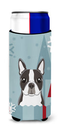 Winter Holiday Boston Terrier Slim Can Hugger , Insulated Foam Hugger for 12 oz Slim Cans, Beer Bottles & Water Bottles, Printed in USA