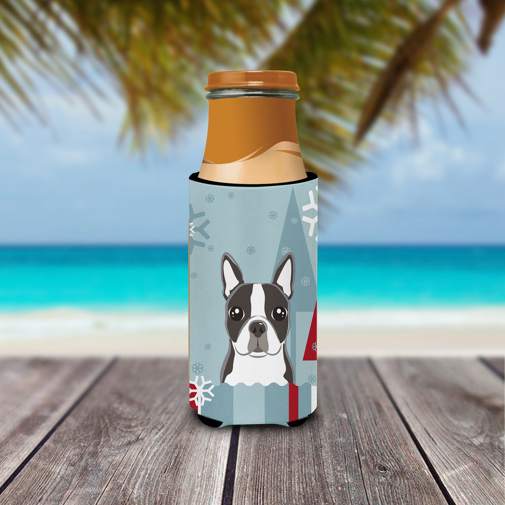 Winter Holiday Boston Terrier Slim Can Hugger , Insulated Foam Hugger for 12 oz Slim Cans, Beer Bottles & Water Bottles, Printed in USA