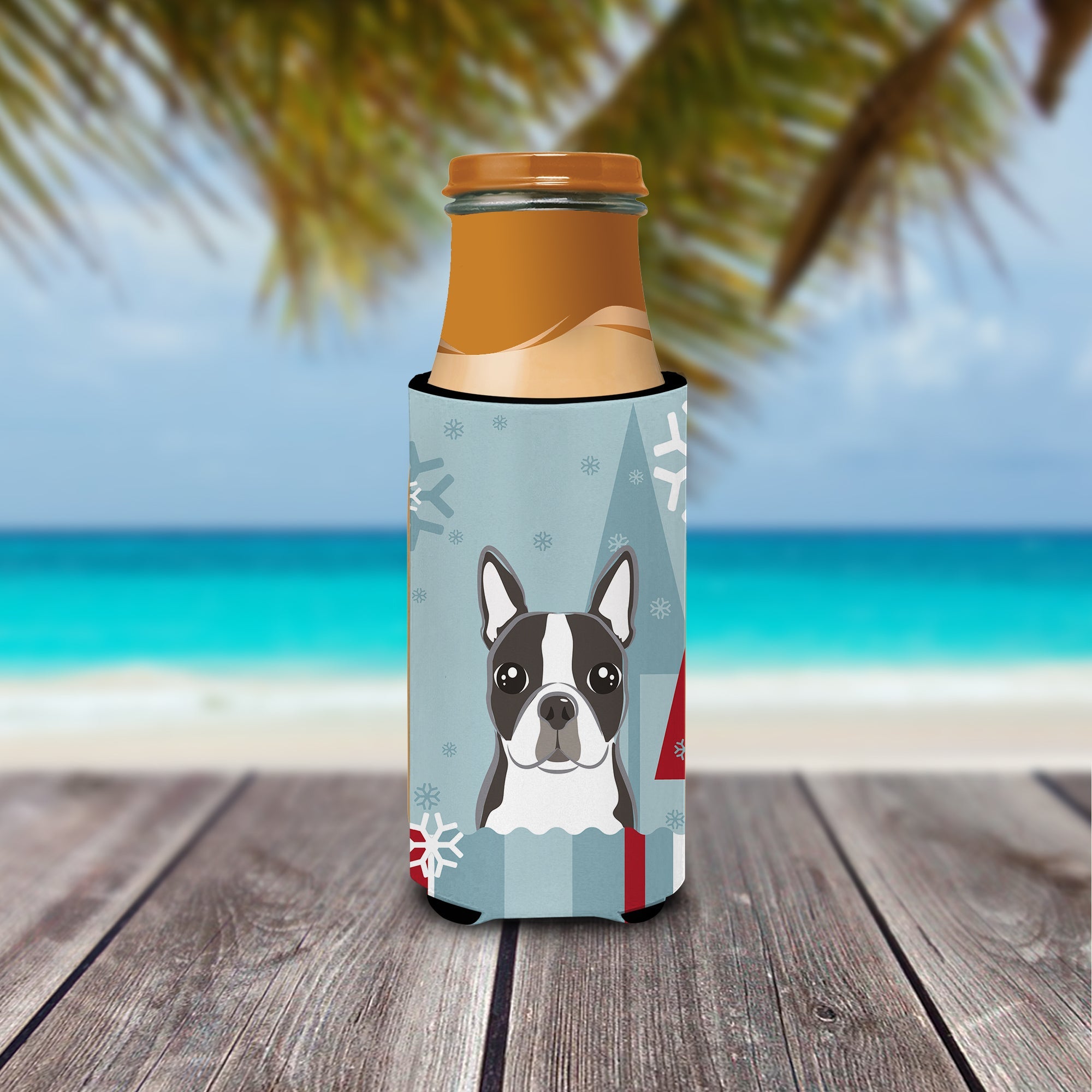 Winter Holiday Boston Terrier Slim Can Hugger , Insulated Foam Hugger for 12 oz Slim Cans, Beer Bottles & Water Bottles, Printed in USA