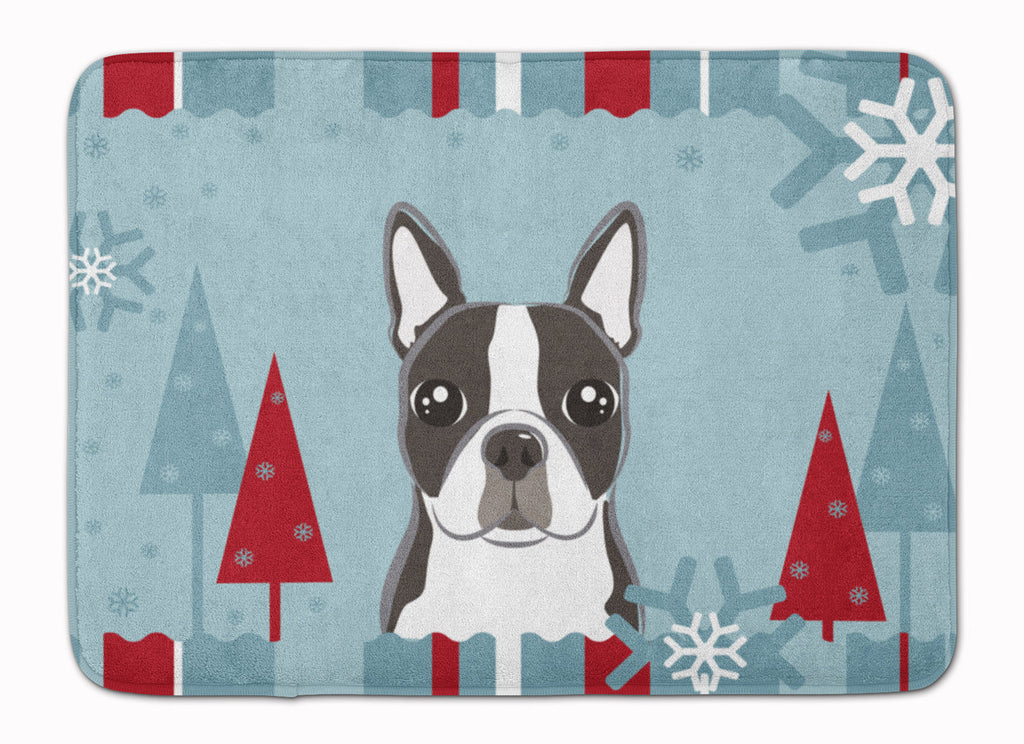 Winter Holiday Boston Terrier Memory Foam Kitchen Mat Machine Washable Anti-Fatigue Cushion Comfort Bath or Kitchen Rug