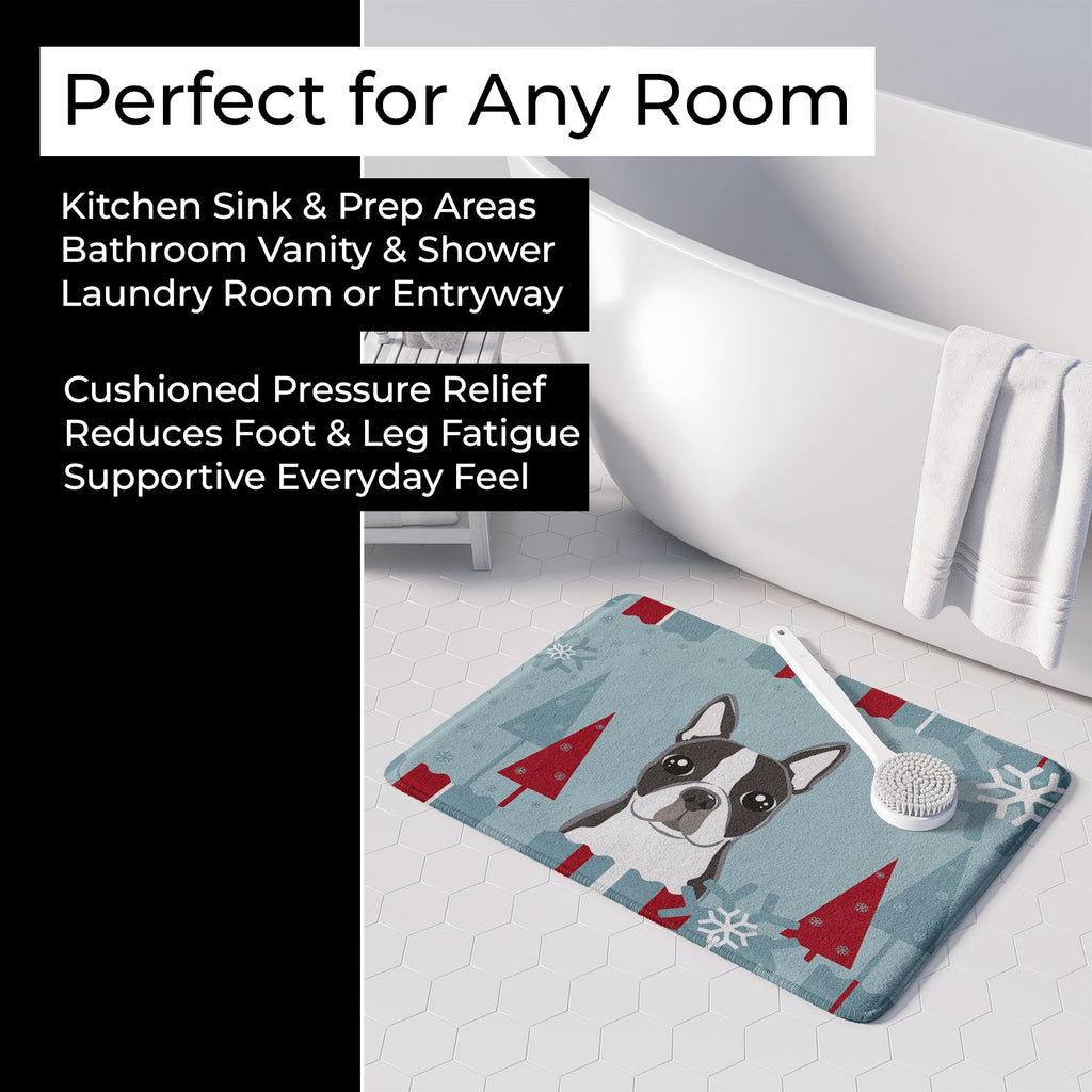 Winter Holiday Boston Terrier Memory Foam Kitchen Mat Machine Washable Anti-Fatigue Cushion Comfort Bath or Kitchen Rug