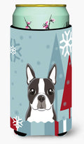 Winter Holiday Boston Terrier Tall Boy Hugger Can Cooler Sleeve Machine Washable Drink Collapsible Insulator Beverage Insulated Holder