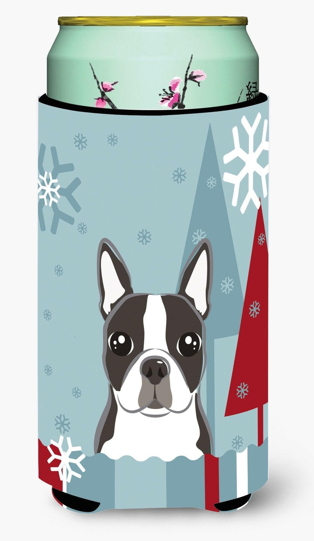 Winter Holiday Boston Terrier Tall Boy Hugger Can Cooler Sleeve Machine Washable Drink Collapsible Insulator Beverage Insulated Holder