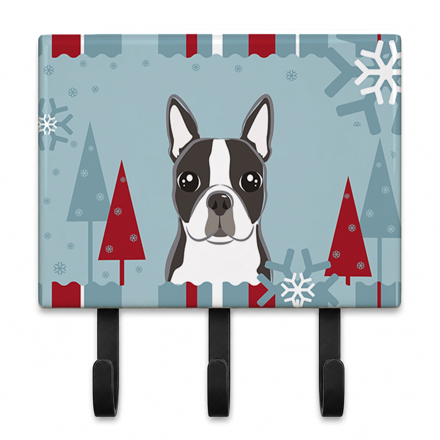 Winter Holiday Boston Terrier Leash or Key Holder Wall Hooks, Coat Rack Wall Mount, for Hanging Keys, Towels, Aprons, Leashes