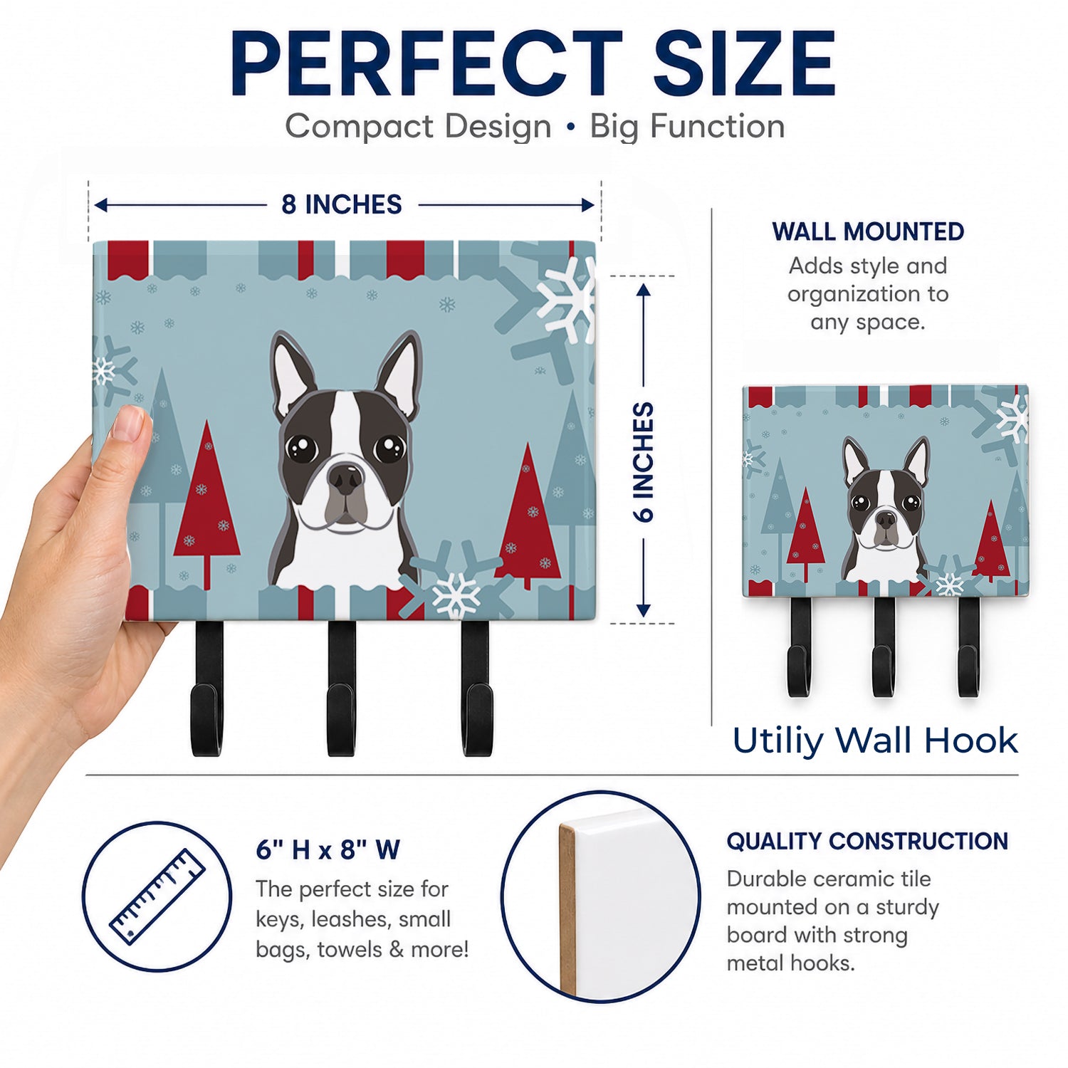 Winter Holiday Boston Terrier Leash or Key Holder Wall Hooks, Coat Rack Wall Mount, for Hanging Keys, Towels, Aprons, Leashes