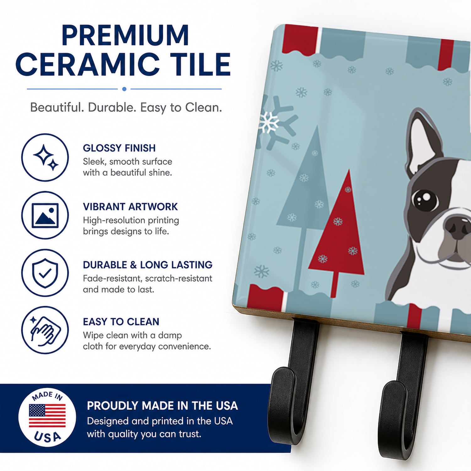 Winter Holiday Boston Terrier Leash or Key Holder Wall Hooks, Coat Rack Wall Mount, for Hanging Keys, Towels, Aprons, Leashes