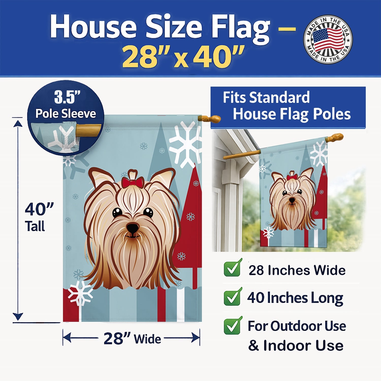 Winter Holiday Yorkie Yorkishire Terrier House Flag 28x40 Porch Sleeve Pole Decorative Outside Yard Banner Artwork Wall Hanging, Polyester