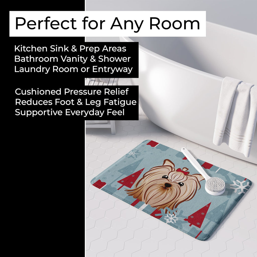 Winter Holiday Yorkie Yorkishire Terrier Memory Foam Kitchen Mat Machine Washable Anti-Fatigue Cushion Comfort Bath or Kitchen Rug