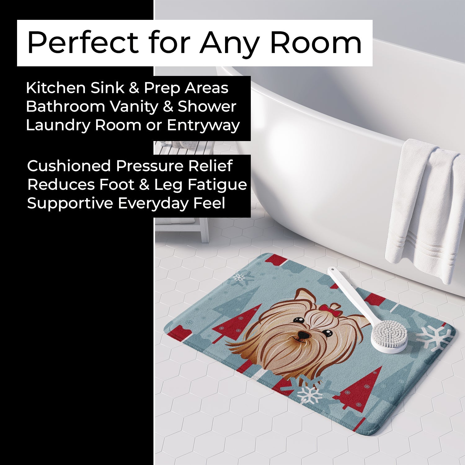 Winter Holiday Yorkie Yorkishire Terrier Memory Foam Kitchen Mat Machine Washable Anti-Fatigue Cushion Comfort Bath or Kitchen Rug