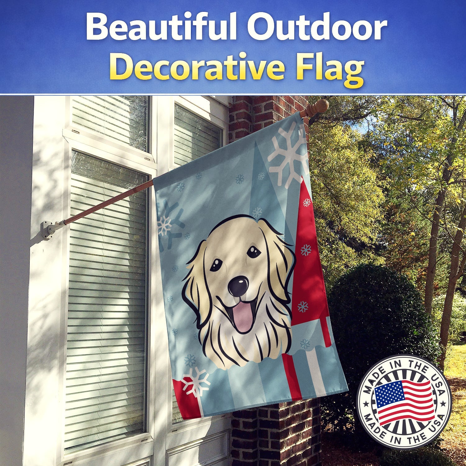 Winter Holiday Golden Retriever House Flag 28x40 Porch Sleeve Pole Decorative Outside Yard Banner Artwork Wall Hanging, Polyester