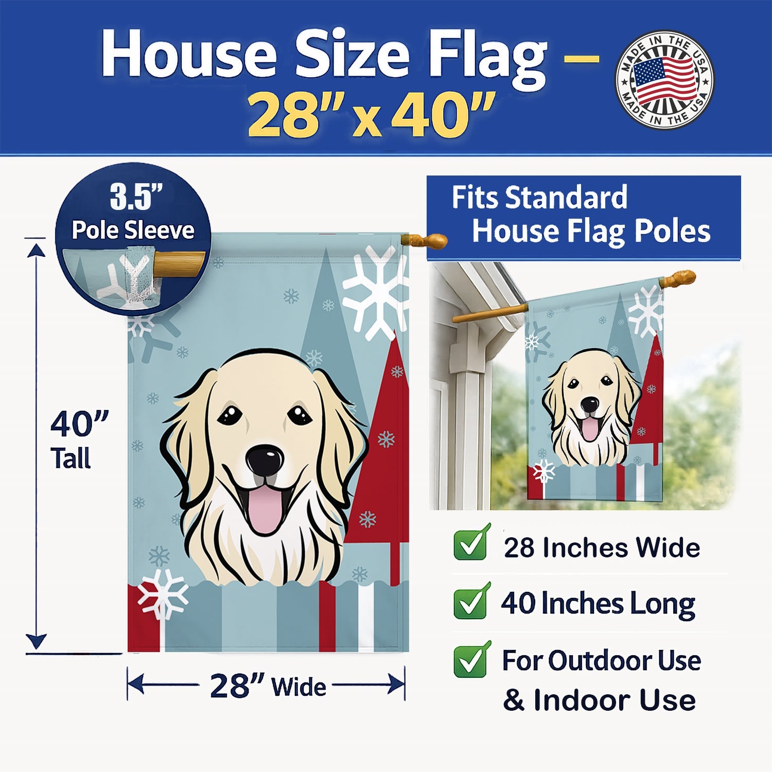 Winter Holiday Golden Retriever House Flag 28x40 Porch Sleeve Pole Decorative Outside Yard Banner Artwork Wall Hanging, Polyester