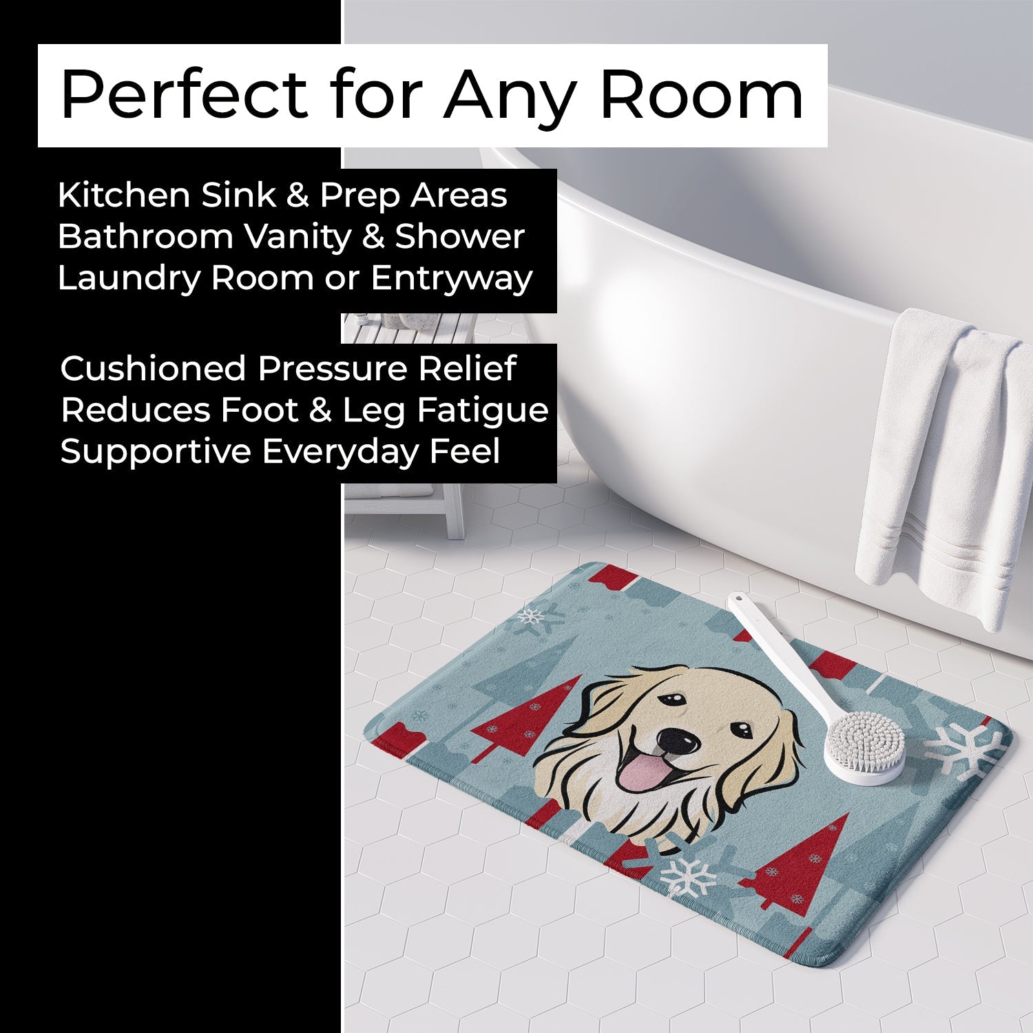 Winter Holiday Golden Retriever Memory Foam Kitchen Mat Machine Washable Anti-Fatigue Cushion Comfort Bath or Kitchen Rug