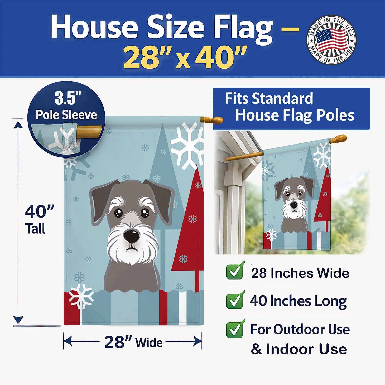 Winter Holiday Schnauzer House Flag 28x40 Porch Sleeve Pole Decorative Outside Yard Banner Artwork Wall Hanging, Polyester
