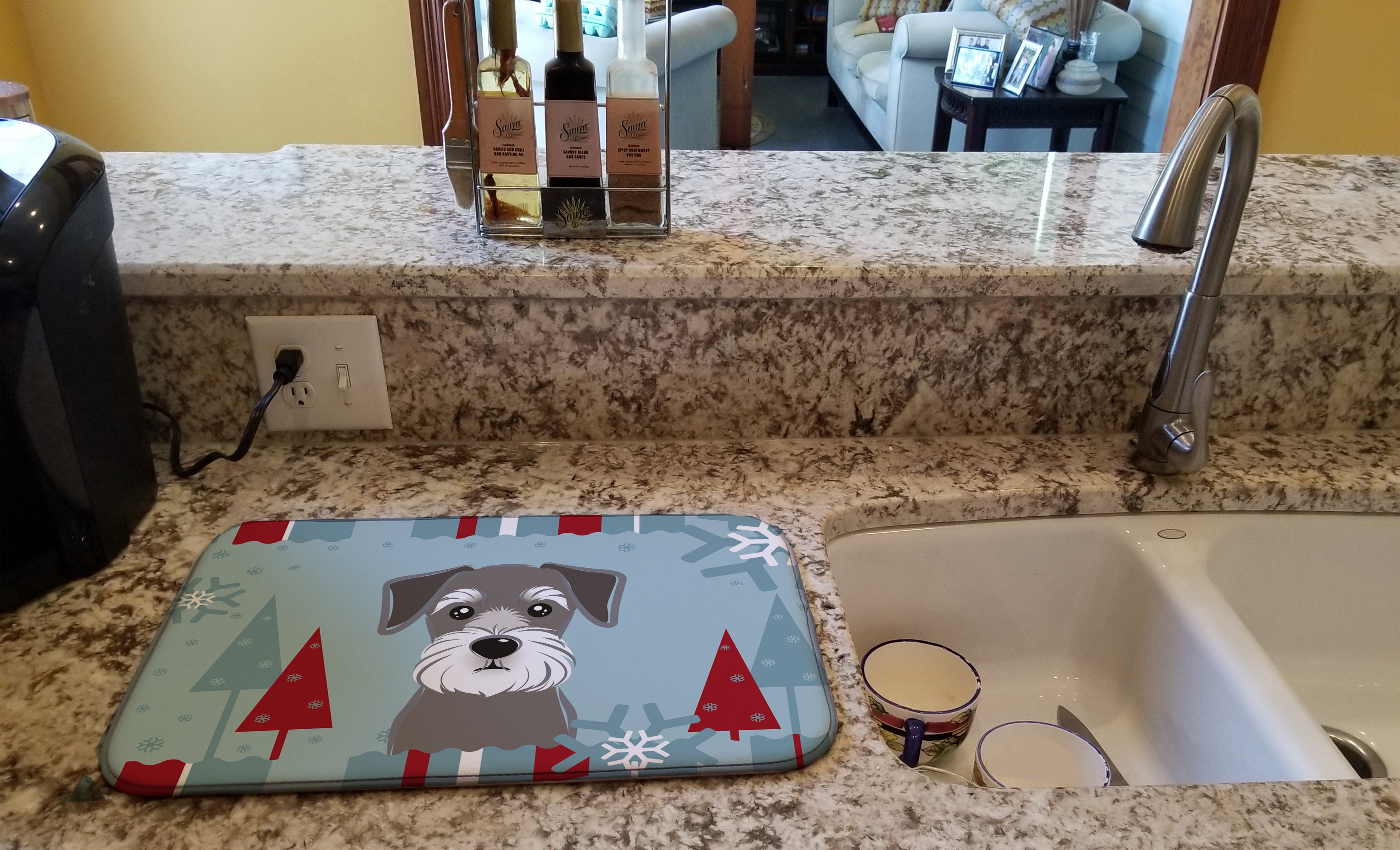 Winter Holiday Schnauzer Dish Drying Mat Absorbent Dish Drying Mat Pad for Kitchen Counter Dish Drainer Mat for Countertop, 14 x 21", Multicolor