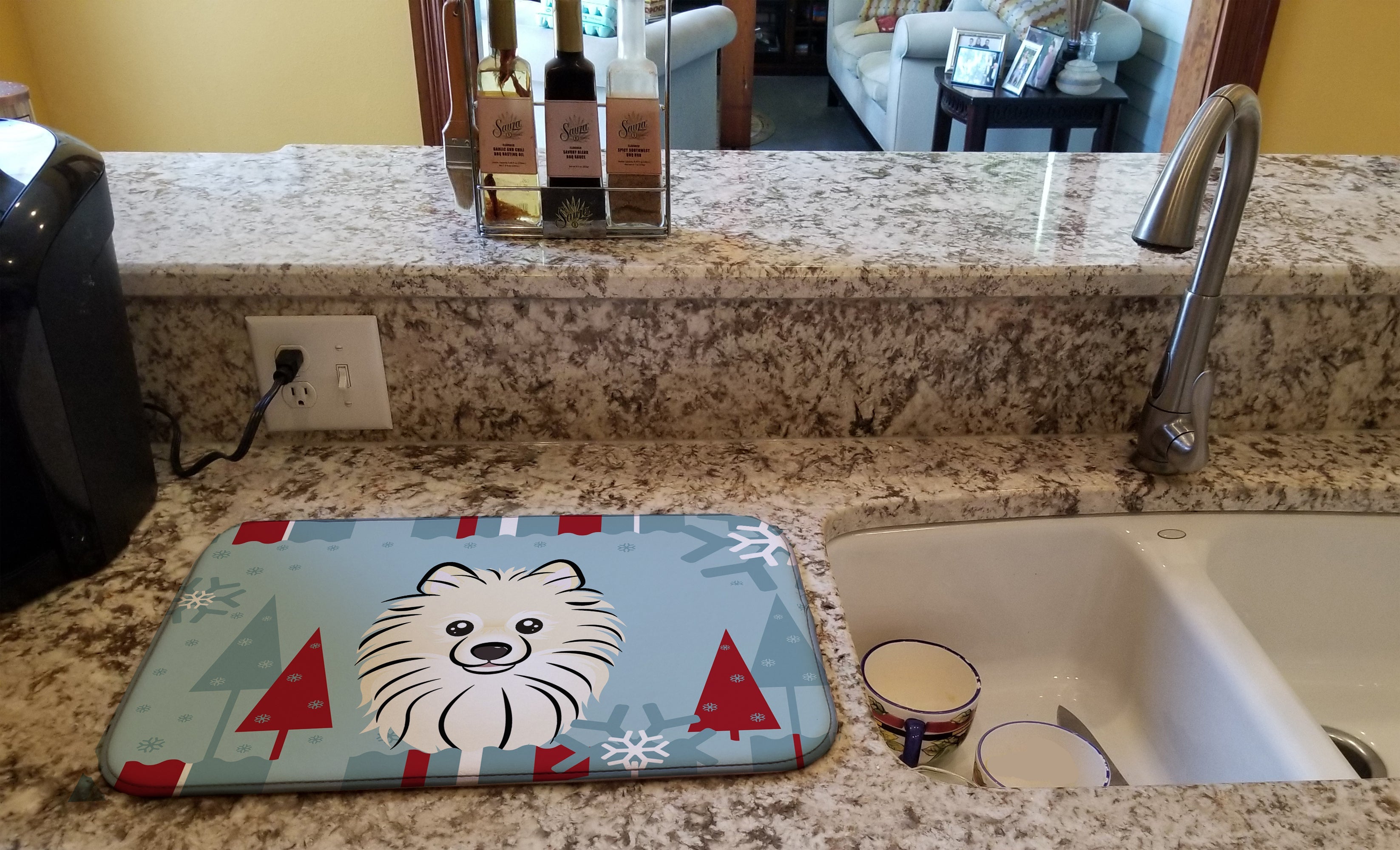 Winter Holiday Pomeranian Dish Drying Mat Absorbent Dish Drying Mat Pad for Kitchen Counter Dish Drainer Mat for Countertop, 14 x 21", Multicolor