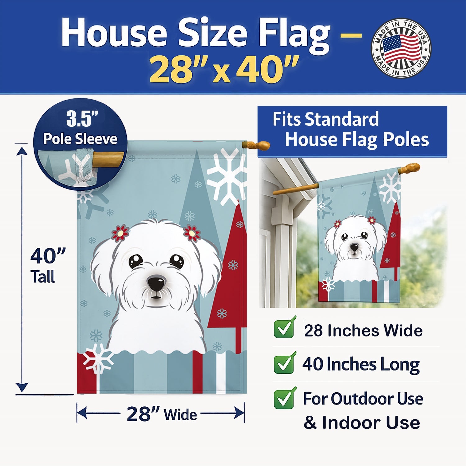 Winter Holiday Maltese House Flag 28x40 Porch Sleeve Pole Decorative Outside Yard Banner Artwork Wall Hanging, Polyester
