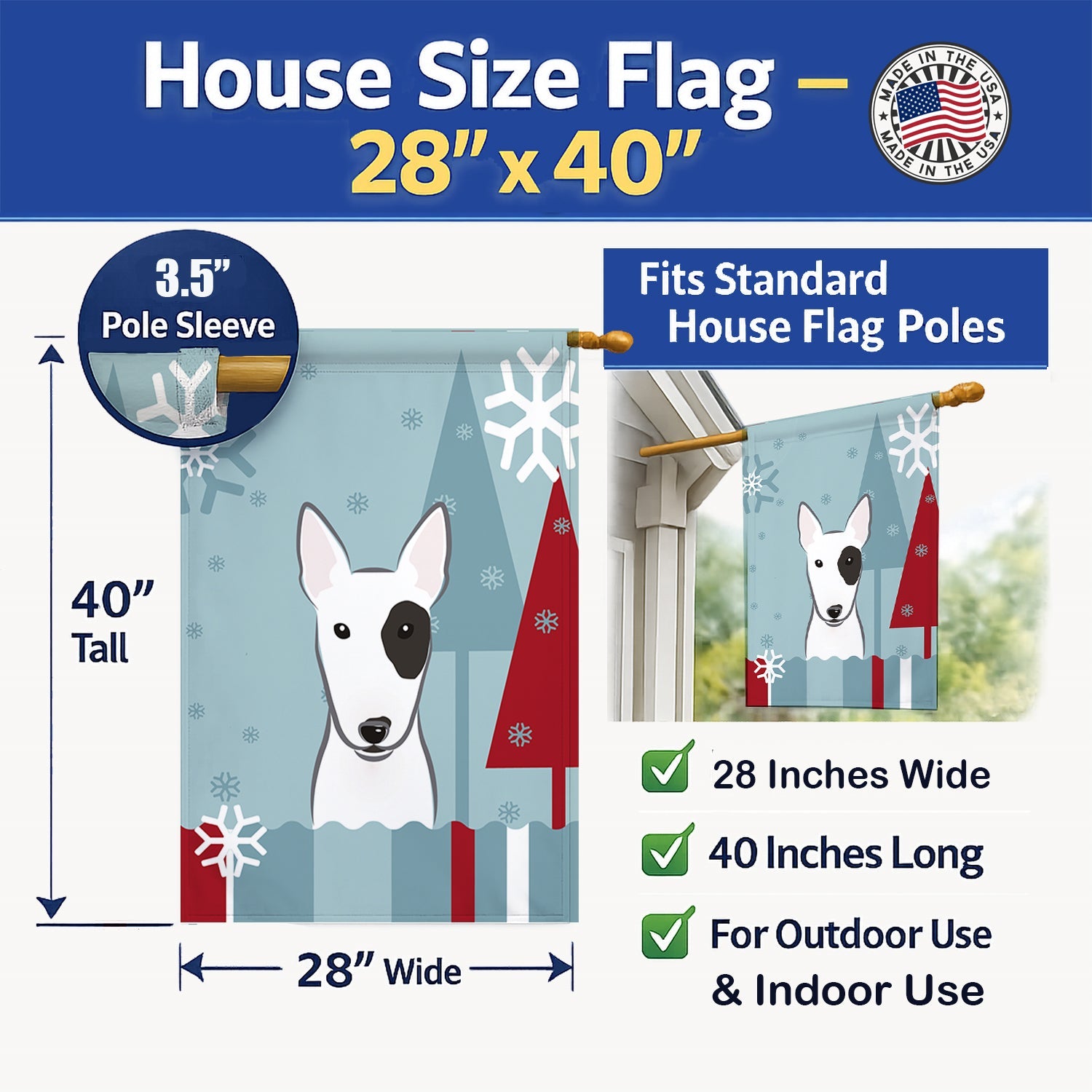 Winter Holiday Bull Terrier House Flag 28x40 Porch Sleeve Pole Decorative Outside Yard Banner Artwork Wall Hanging, Polyester