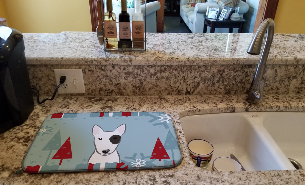 Winter Holiday Bull Terrier Dish Drying Mat Absorbent Dish Drying Mat Pad for Kitchen Counter Dish Drainer Mat for Countertop, 14 x 21", Multicolor