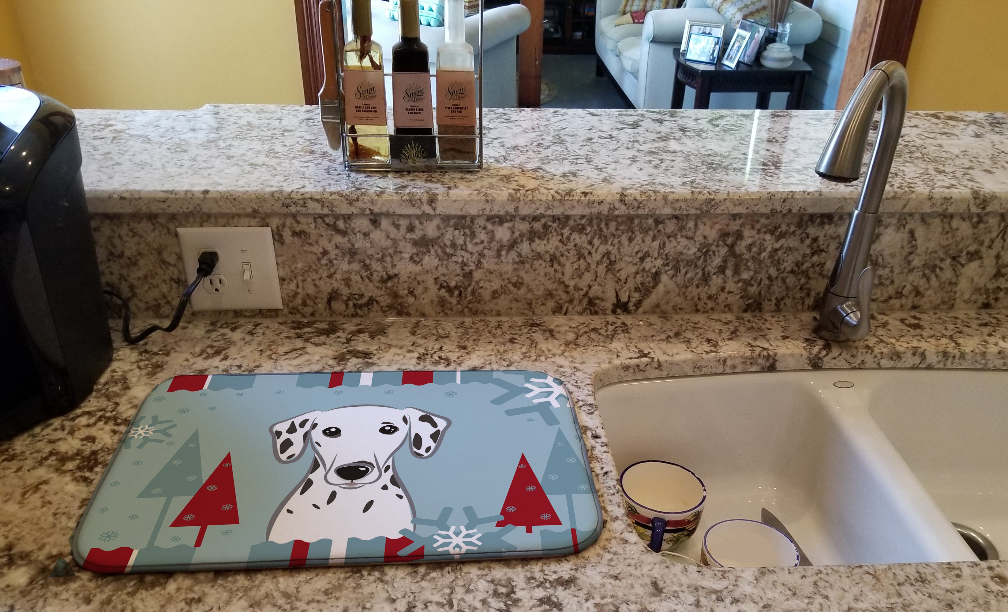 Winter Holiday Dalmatian Dish Drying Mat Absorbent Dish Drying Mat Pad for Kitchen Counter Dish Drainer Mat for Countertop, 14 x 21", Multicolor