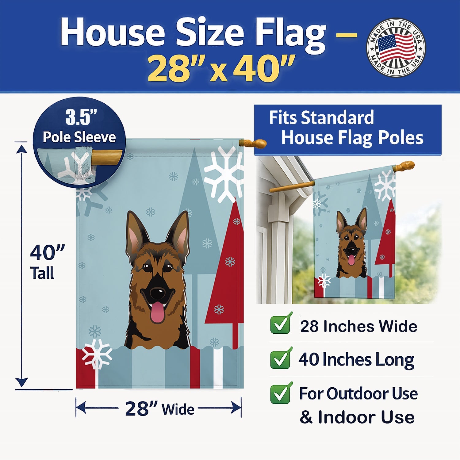 Winter Holiday German Shepherd House Flag 28x40 Porch Sleeve Pole Decorative Outside Yard Banner Artwork Wall Hanging, Polyester