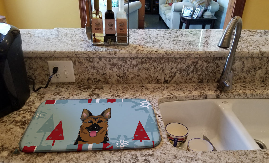 Winter Holiday German Shepherd Dish Drying Mat Absorbent Dish Drying Mat Pad for Kitchen Counter Dish Drainer Mat for Countertop, 14 x 21", Multicolor