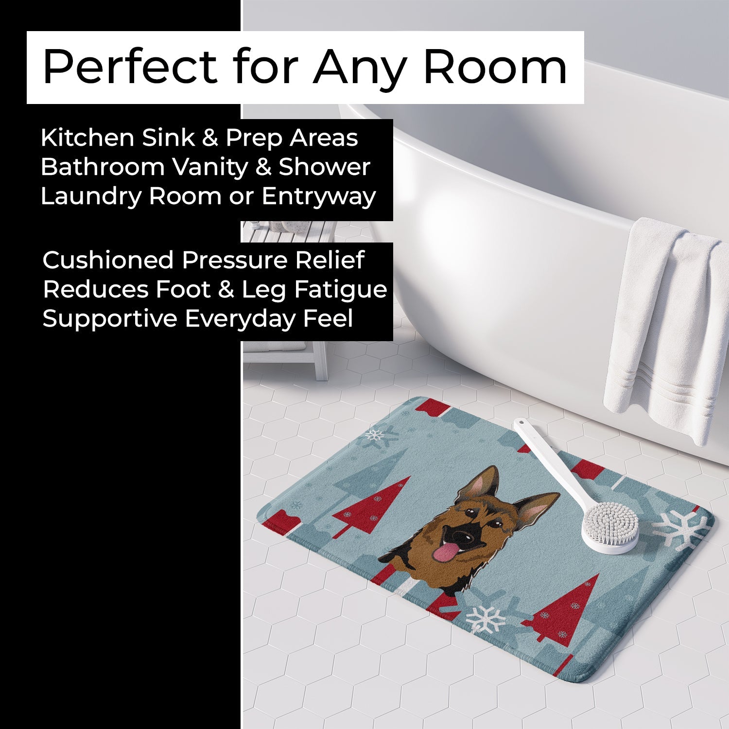 Winter Holiday German Shepherd Memory Foam Kitchen Mat Machine Washable Anti-Fatigue Cushion Comfort Bath or Kitchen Rug