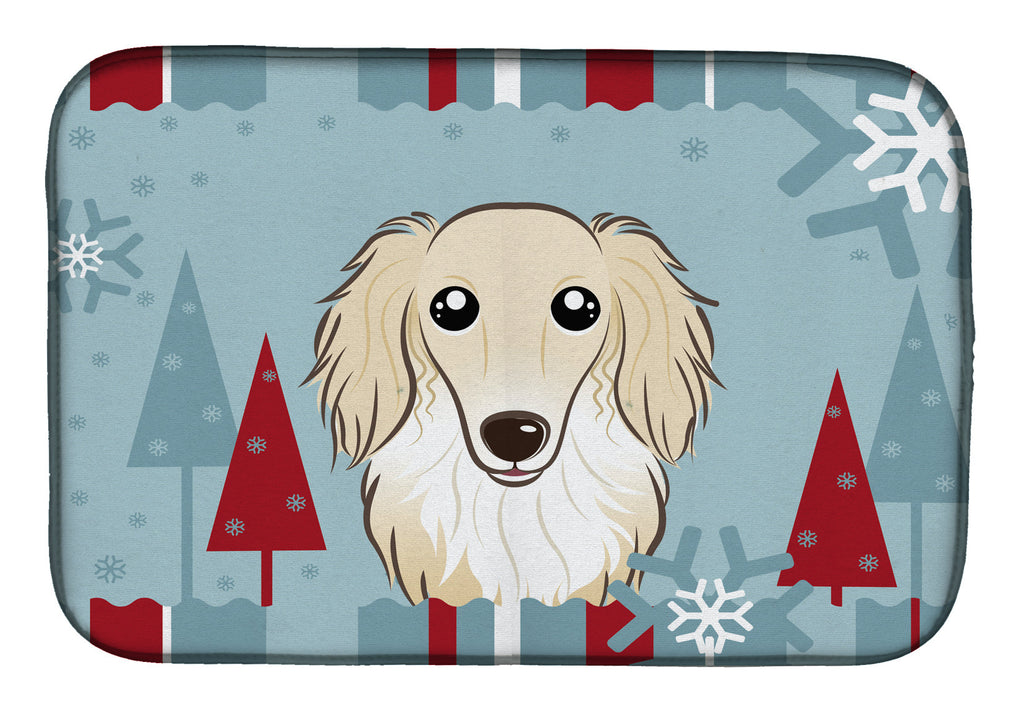 Winter Holiday Longhair Creme Dachshund Dish Drying Mat Absorbent Dish Drying Mat Pad for Kitchen Counter Dish Drainer Mat for Countertop, 14 x 21", Multicolor