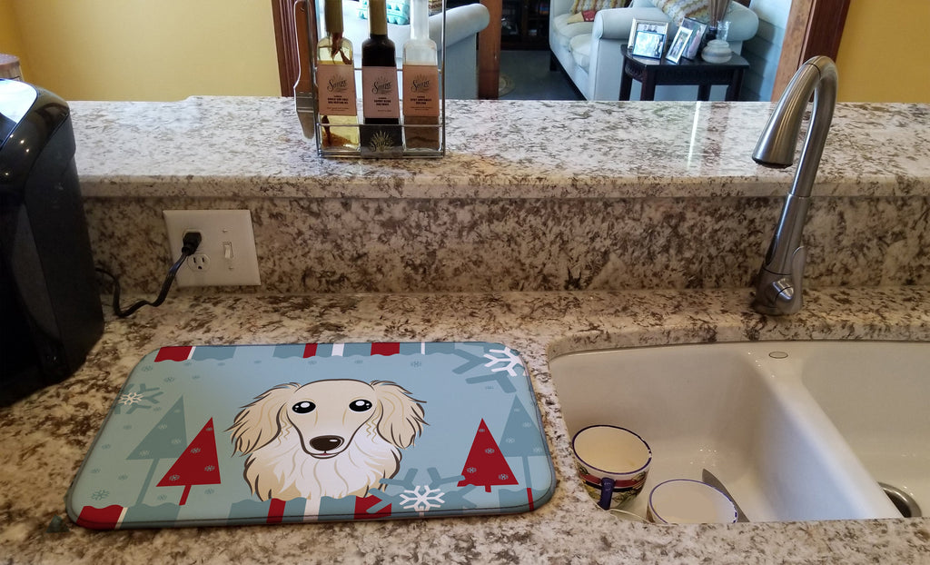 Winter Holiday Longhair Creme Dachshund Dish Drying Mat Absorbent Dish Drying Mat Pad for Kitchen Counter Dish Drainer Mat for Countertop, 14 x 21", Multicolor