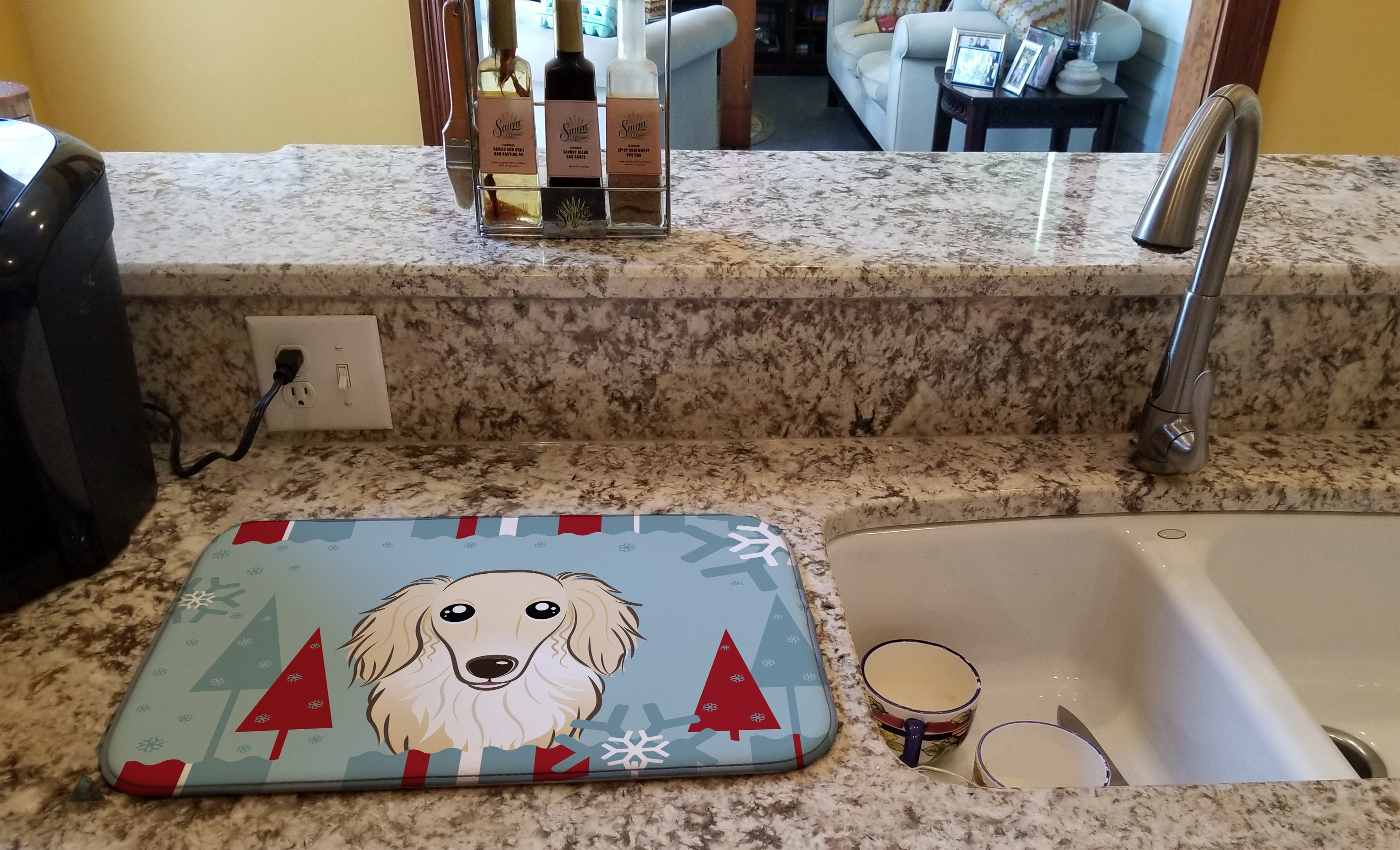 Winter Holiday Longhair Creme Dachshund Dish Drying Mat Absorbent Dish Drying Mat Pad for Kitchen Counter Dish Drainer Mat for Countertop, 14 x 21", Multicolor
