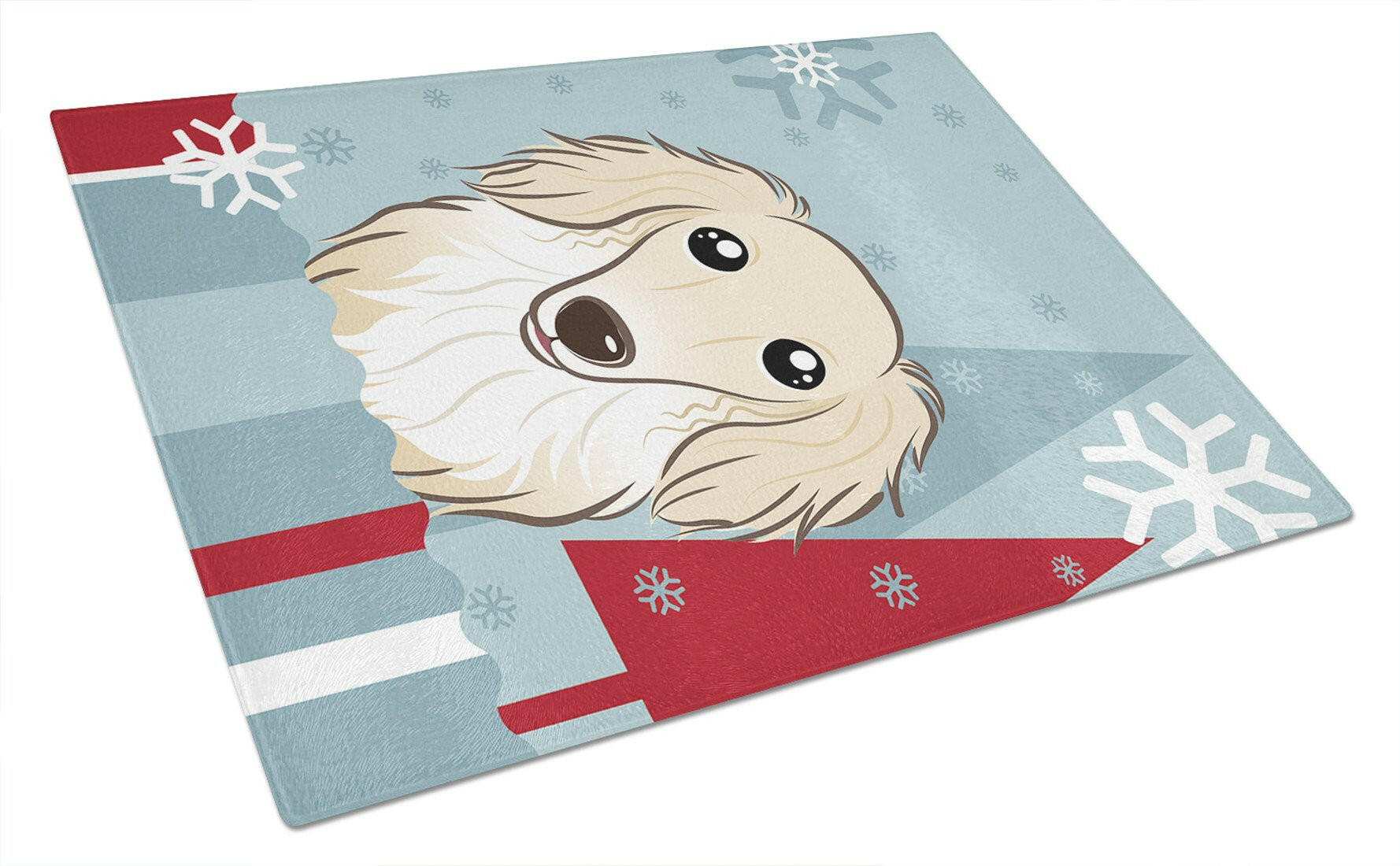 Winter Holiday Longhair Creme Dachshund Cutting Board Tempered Glass Kitchen Cutting Surface, Heat Resistant Chopping, Non-Slip Feet, Food Prep & Serving
