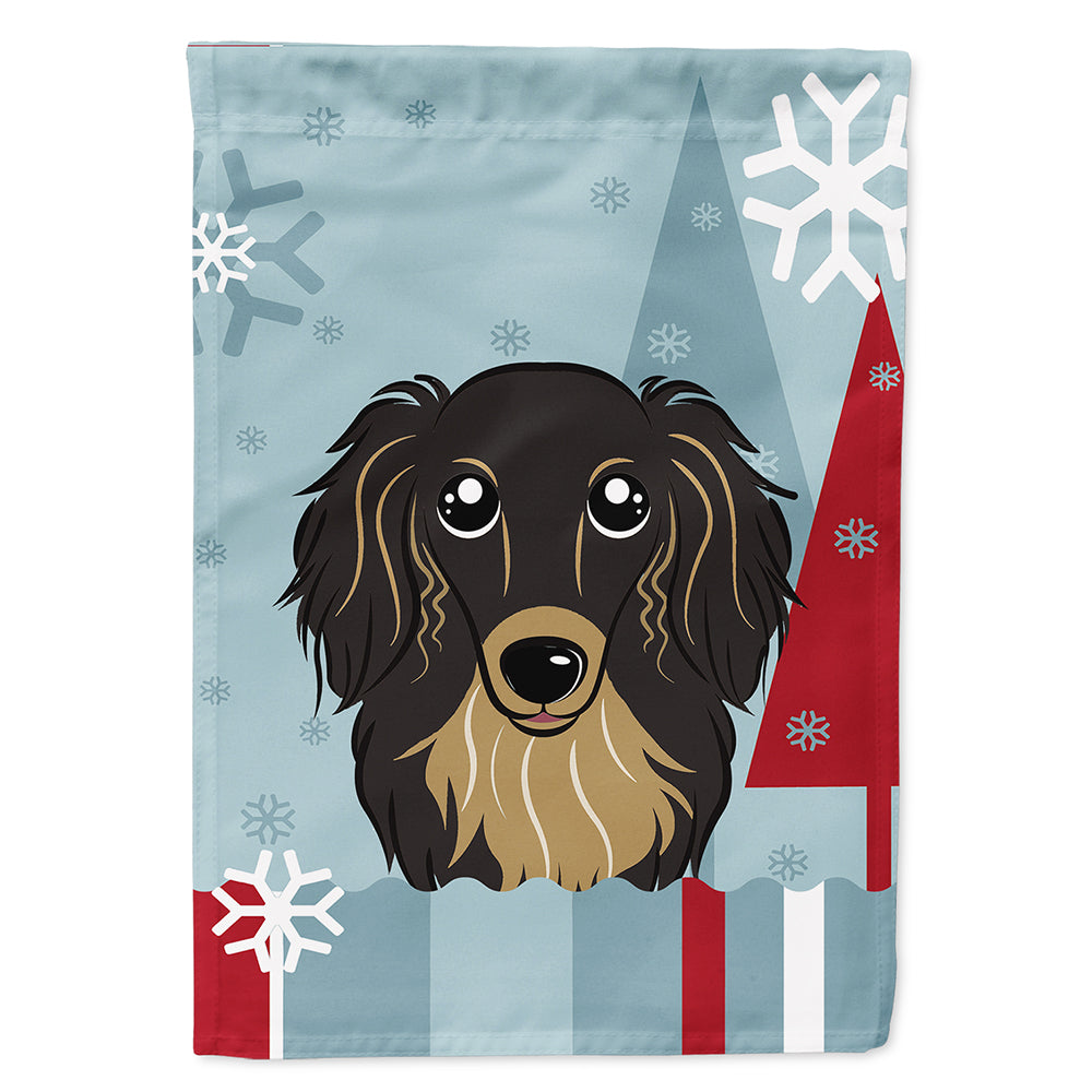 Winter Holiday Longhair Black and Tan Dachshund House Flag 28x40 Porch Sleeve Pole Decorative Outside Yard Banner Artwork Wall Hanging, Polyester