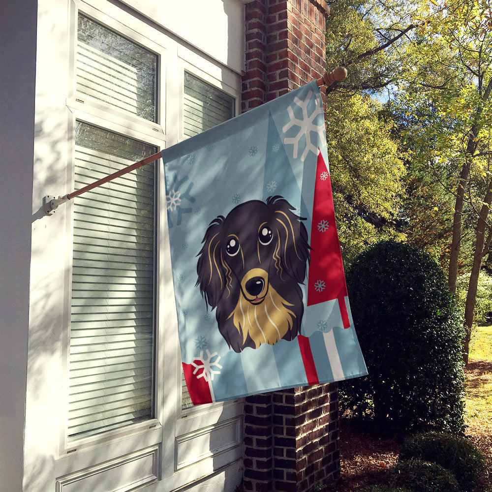 Winter Holiday Longhair Black and Tan Dachshund House Flag 28x40 Porch Sleeve Pole Decorative Outside Yard Banner Artwork Wall Hanging, Polyester