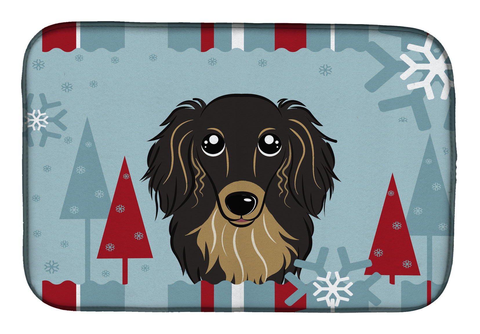 Winter Holiday Longhair Black and Tan Dachshund Dish Drying Mat Absorbent Dish Drying Mat Pad for Kitchen Counter Dish Drainer Mat for Countertop, 14 x 21", Multicolor